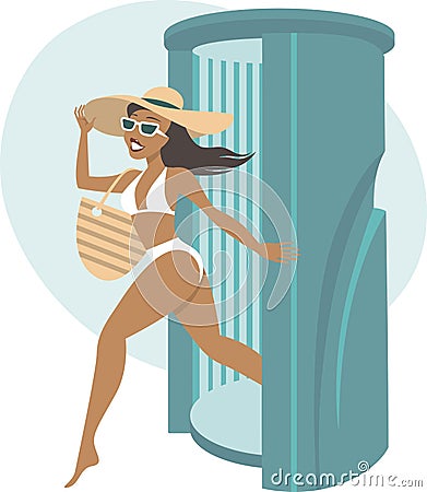 Tanned woman after viziting solarium is ready for vacation in tropical resort Vector Illustration